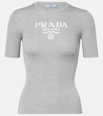Logo ribbed-trim silk T-shirt | Prada