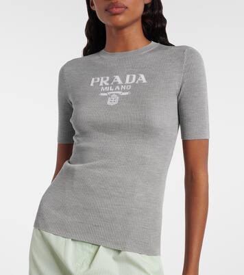 Logo ribbed-trim silk T-shirt | Prada