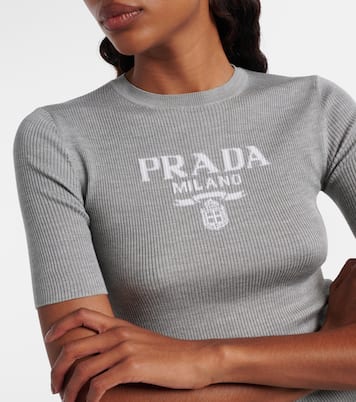 Logo ribbed-trim silk T-shirt | Prada