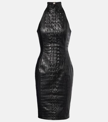 فستان قصير من الجلد بنقشة جلد التمساح مع ياقة هالتر | Balmain