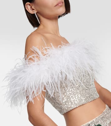 Top cropped con paillettes e piume | Self-Portrait