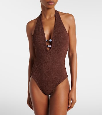 Adriana embellished halterneck swimsuit | Hunza G