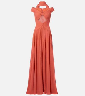 Gathered lace-trimmed silk gown | Elie Saab