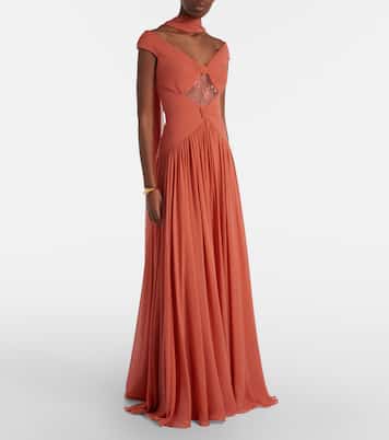 Gathered lace-trimmed silk gown | Elie Saab