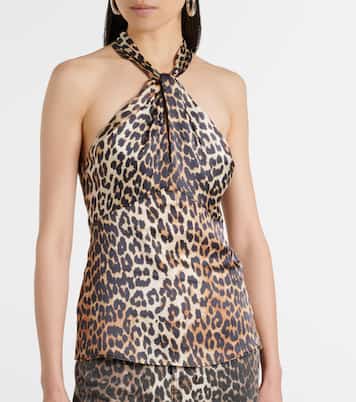 Leopard-print halterneck satin top | Ganni