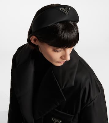 Logo embellished satin headband in black Prada Mytheresa