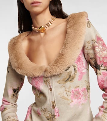 Faux fur-trimmed floral cardigan | Blumarine