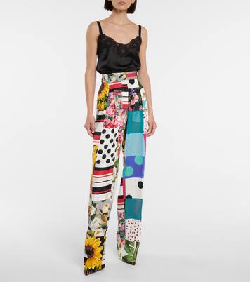 Pantalon imprimé à taille haute en crêpe de soie | Dolce&Gabbana