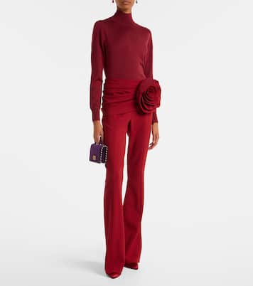 Floral-appliqué draped wool-blend flared pants | Carolina Herrera