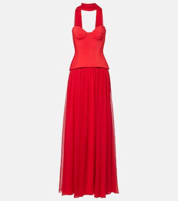 Vermilion crêpe and chiffon corset gown | Monique Lhuillier