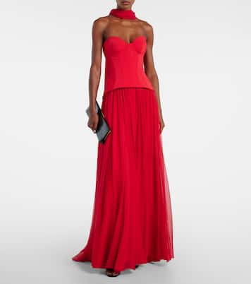 Vermilion crêpe and chiffon corset gown | Monique Lhuillier