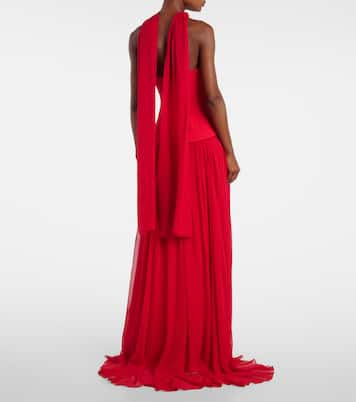 Vermilion crêpe and chiffon corset gown | Monique Lhuillier