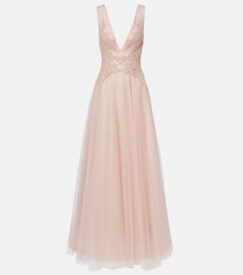 Floral-appliqué tulle gown | Costarellos