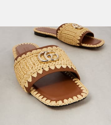 Pantoletten Double G aus Raffiabast mit Leder | Gucci