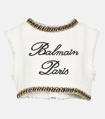 Crop top de tweed con logo y cadena | Balmain