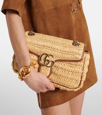 GG Marmont Small raffia shoulder bag | Gucci