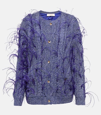 Feather-trimmed cable-knit cardigan | Valentino