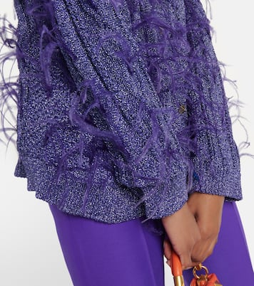 Feather-trimmed cable-knit cardigan | Valentino
