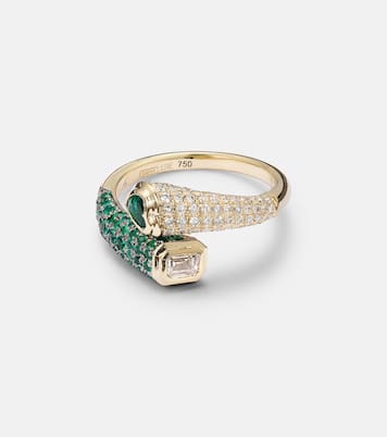 Mixed Bypass 18kt gold ring with emeralds and diamonds | Shay Jewelry