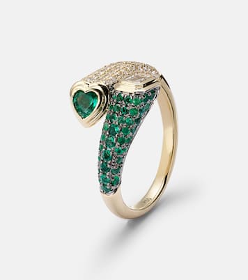 Mixed Bypass 18kt gold ring with emeralds and diamonds | Shay Jewelry