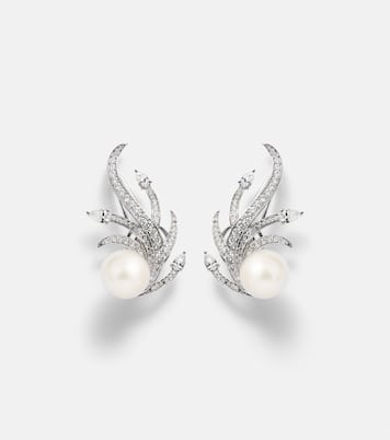 Orecchini a clip in oro bianco 18kt con diamanti e perle d'acqua dolce | Yeprem