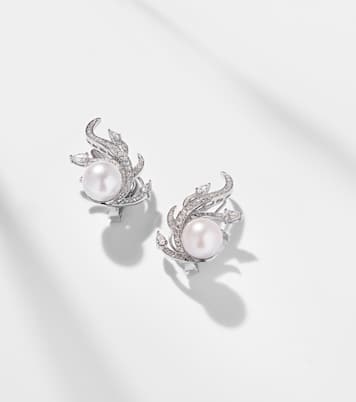 Orecchini a clip in oro bianco 18kt con diamanti e perle d'acqua dolce | Yeprem