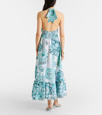 Embellished ruffled halterneck linen midi dress | Camilla