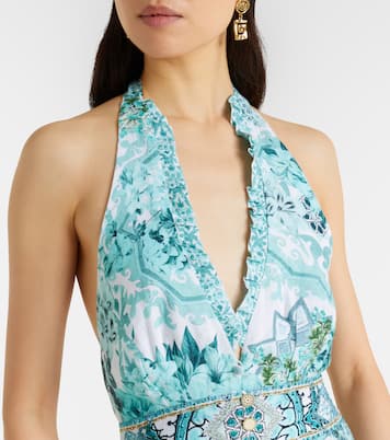 Embellished ruffled halterneck linen midi dress | Camilla