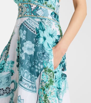 Embellished ruffled halterneck linen midi dress | Camilla