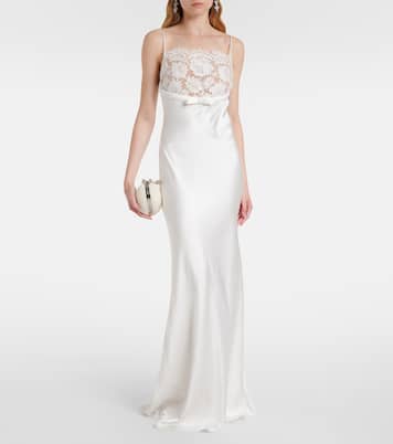 Lace-trimmed satin maxi dress | Self-Portrait