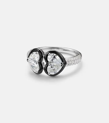 Twin Heart 18kt white gold and enamel ring with diamonds | Kamyen