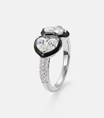 Twin Heart 18kt white gold and enamel ring with diamonds | Kamyen
