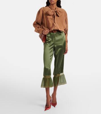 Lace-trimmed silk satin straight pants | Saint Laurent