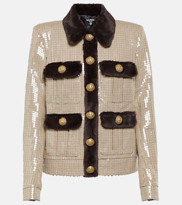 Sequined faux fur-trimmed jacket | Balmain