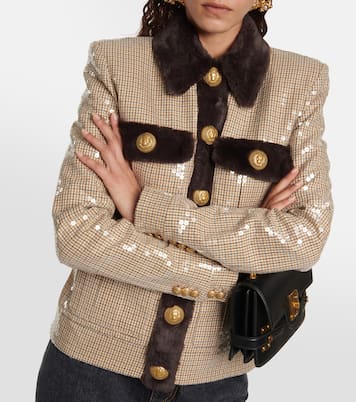 Sequined faux fur-trimmed jacket | Balmain