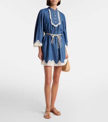 Miniabito Awaken in denim con cintura e pizzo | Zimmermann