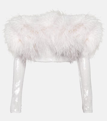 Sequined feather-trimmed crop top | David Koma