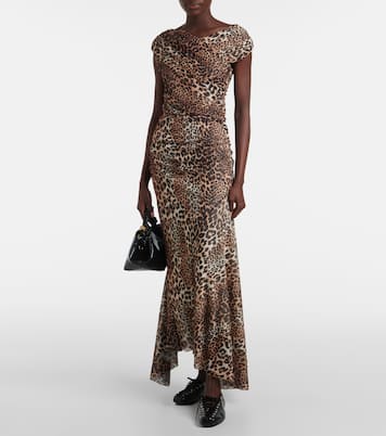 Ruched leopard-print mesh maxi dress | Ganni