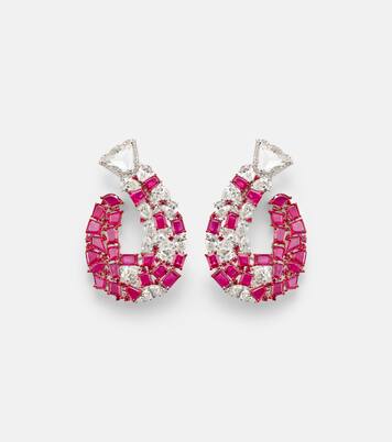 Pendientes de oro blanco de 18 ct (750/1000) con rubíes y diamantes | Kamyen