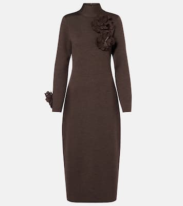 Floral-appliqué wool-blend midi dress | Oscar de la Renta