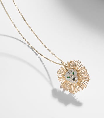 Collier Broche Lion en or 9 ct, diamants, tsavorites et onyx  | Yvonne Léon