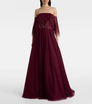 Embellished off-shoulder tulle gown | Costarellos