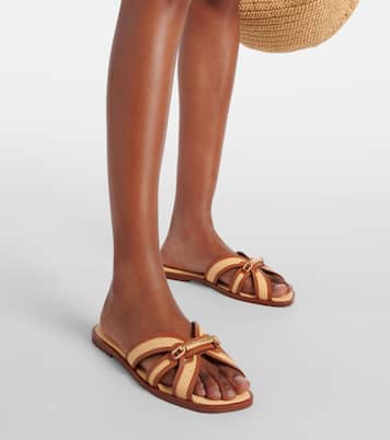 Prisma leather-trimmed raffia slides | Zimmermann