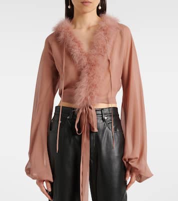 Feather-trimmed silk blouse | Blumarine