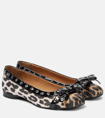 Eyelet Bow leopard-print satin ballet flats | Ganni