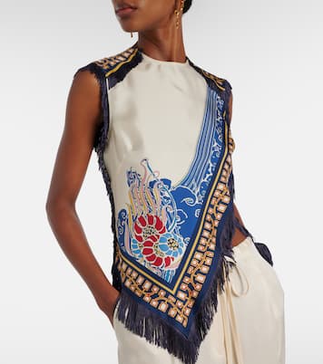 Fringed printed silk satin top | La DoubleJ