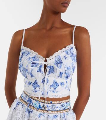Printed lace-trimmed linen bra top | Camilla