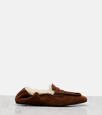 Ruches shearling-lined suede penny loafers | Miu Miu