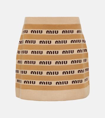 Mini-jupe en laine vierge à logo | Miu Miu