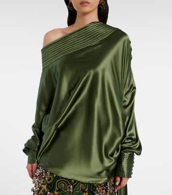 Asymmetric draped silk-blend satin top | Dries Van Noten